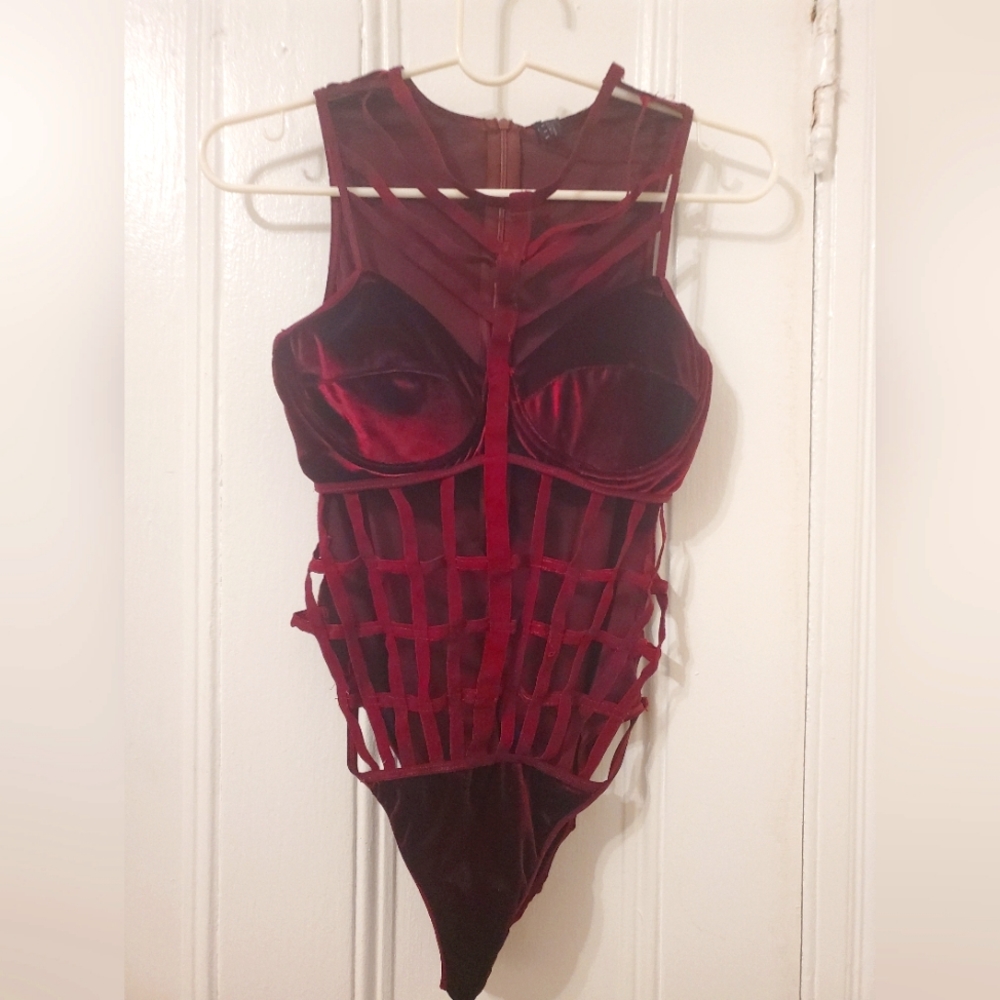 Rehab Burgundy Velvet Strapped Cage Bodice Bodysuit